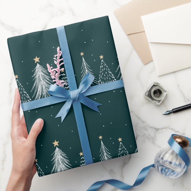 Elegant Dark Green White Christmas Trees Pattern Wrapping Paper (Gifting)