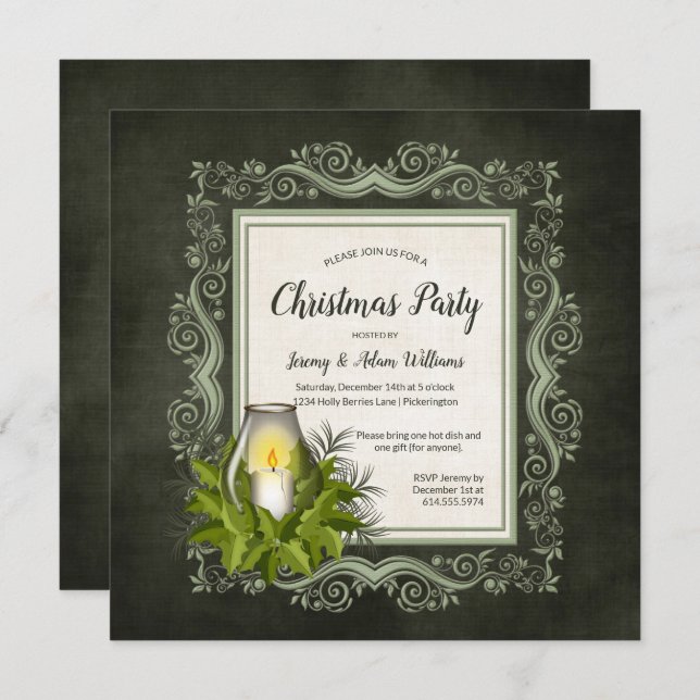 Elegant Dark Green with Candle Christmas Party Invitation (Front/Back)