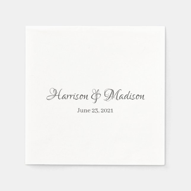 Elegant Dark Grey Custom Script Names Date Wedding Napkin (Front)