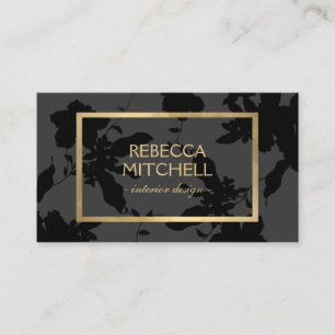 Elegant Dark Grey Floral Pattern with Gold Accents Business Card