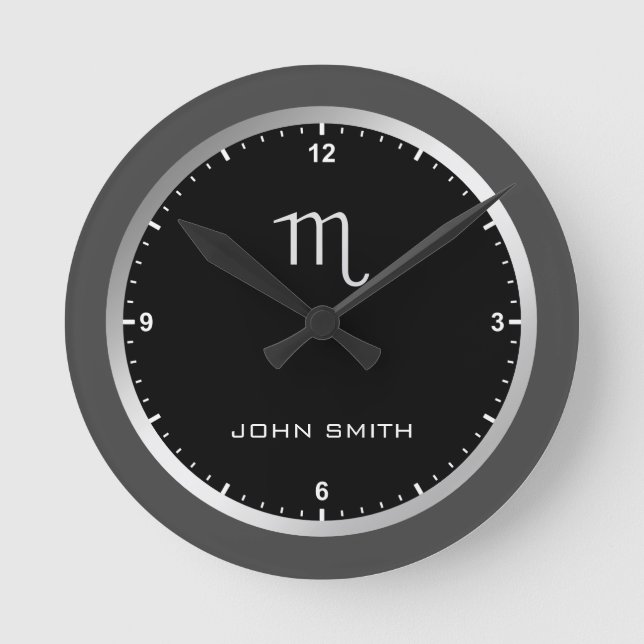 Elegant Dark Grey Frame Zodiac Sign Name Custom  Round Clock (Front)