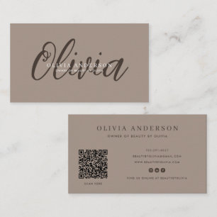 Elegant Dark Grey Handwritten Script Name, QR Code Business Card