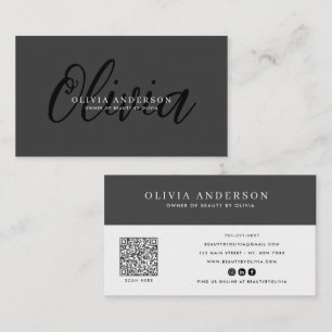 Elegant Dark Grey Handwritten Script Name, QR Code Business Card