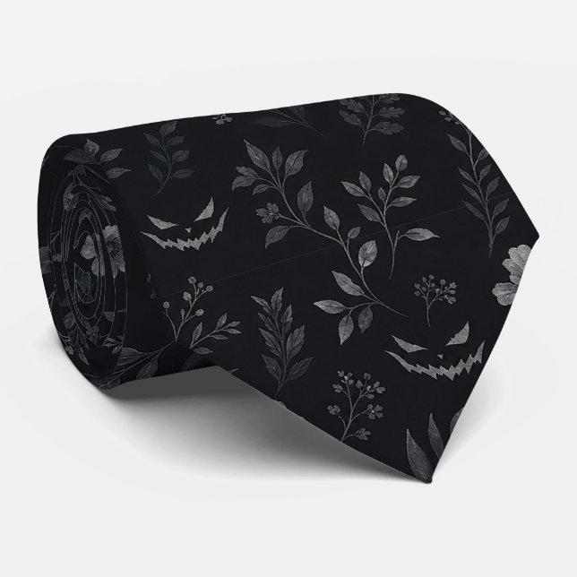 Elegant Dark Halloween Botanical Pattern – Black  Tie (Rolled)