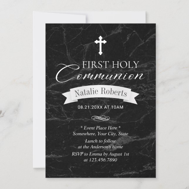 Elegant Dark Marble First Holy Communion Invitation (Front)