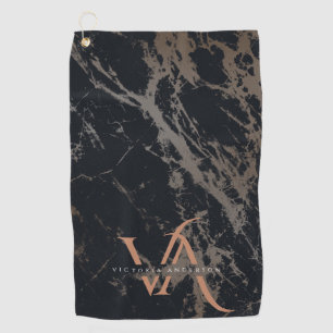 Elegant Dark Marble Rose Gold Monogram Custom Golf Towel