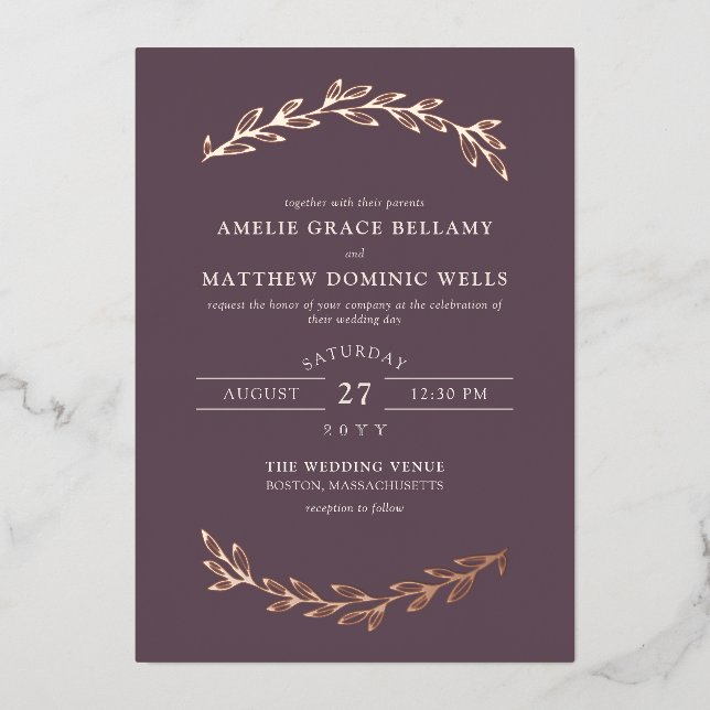 Elegant Dark Mauve & Rose Gold Greenery Wedding (Front)