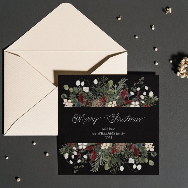 Elegant Dark Merry Botanical Typography Christmas Holiday Card (Embrace the holiday spirit with a personalized card for your loved ones!)