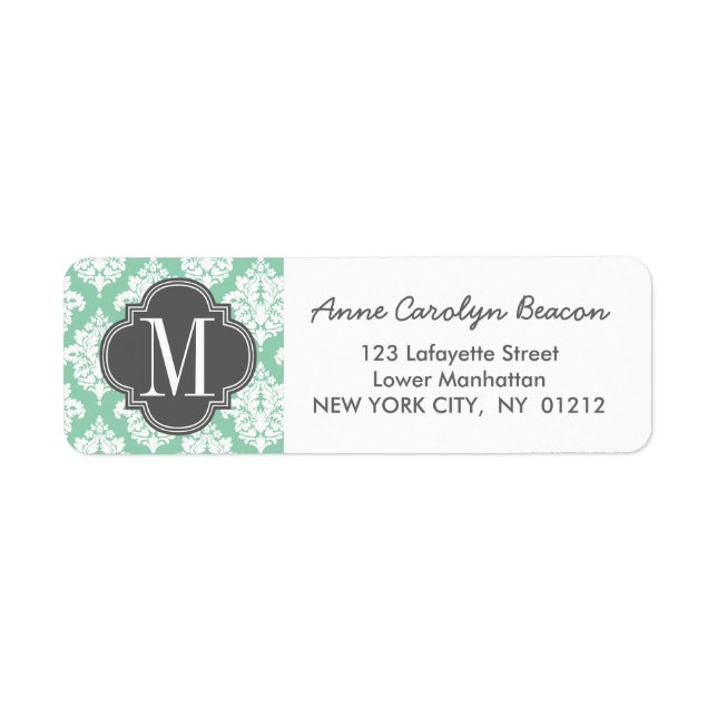 Elegant Dark Mint Damask Personalised Return Address Label (Front)