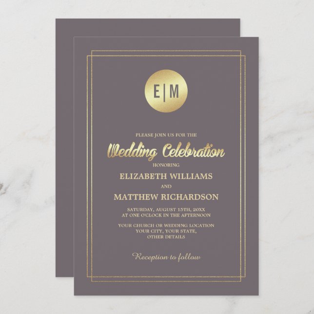 Elegant Dark Mocha Gold Minimalist Wedding Invitation (Front/Back)