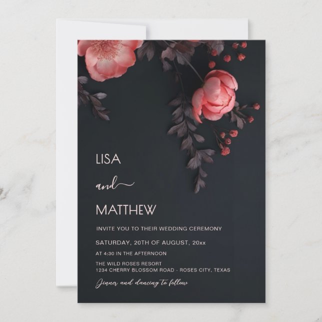 Elegant Dark Moody 3D Roses Wedding Invitation (Front)