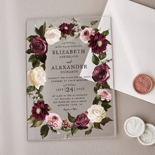 Elegant Dark Moody Floral Burgundy Wedding  Acrylic Invitations