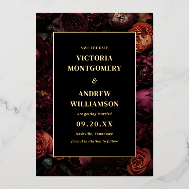 Elegant Dark Moody Floral Wedding Save The Date  (Front)