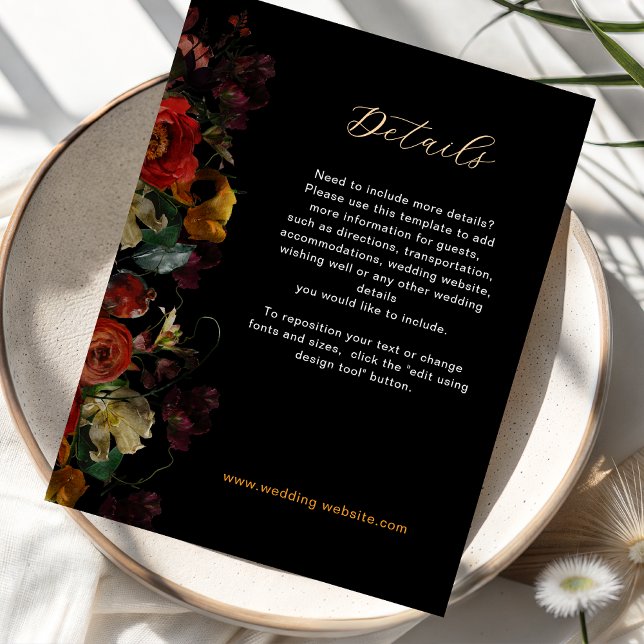 Elegant dark moody flowers wedding details  enclosure card (Creator Uploaded)