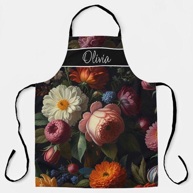 Elegant dark moody vintage florals apron (Front)