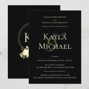 Elegant Dark & Moody Wedding Monogram Cream Rose Invitation