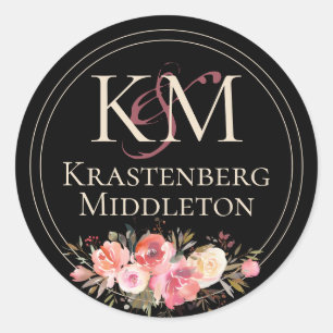 Elegant Dark Moody Wedding Monogram Winter Rose Classic Round Sticker