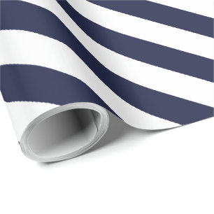 Elegant Dark Navy Blue and White Striped Pattern Wrapping Paper