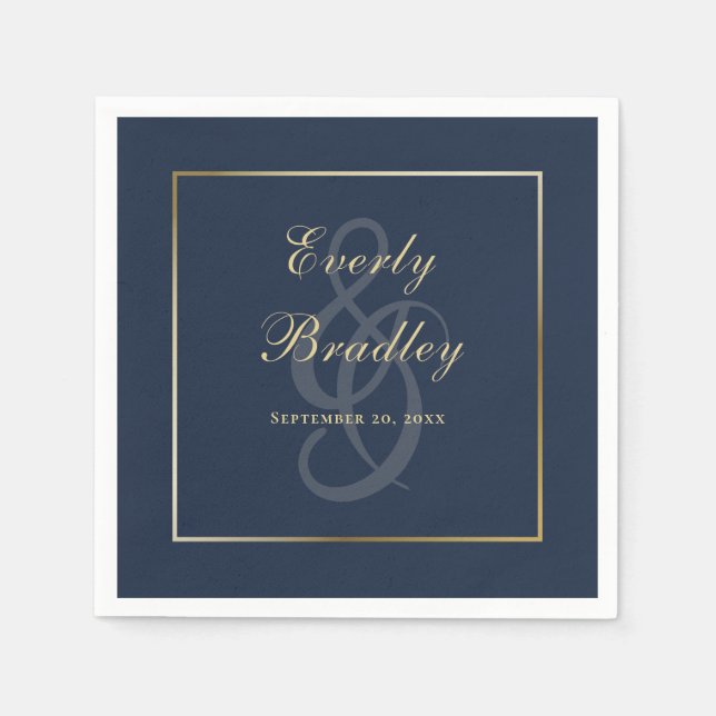 Elegant Dark Navy Blue Gold Border Script  Napkin (Front)