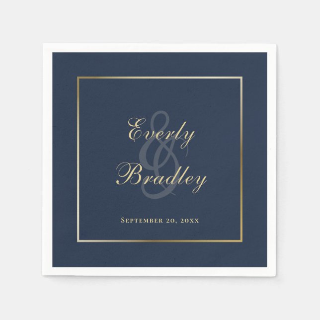 Elegant Dark Navy Blue Gold Border Script  Napkin (Front)