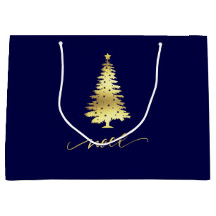 Elegant Dark Navy Blue & Gold Christmas Tree Noel Large Gift Bag