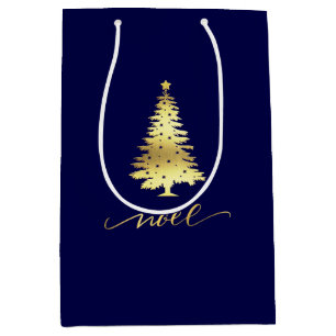 Elegant Dark Navy Blue & Gold Christmas Tree Noel Medium Gift Bag