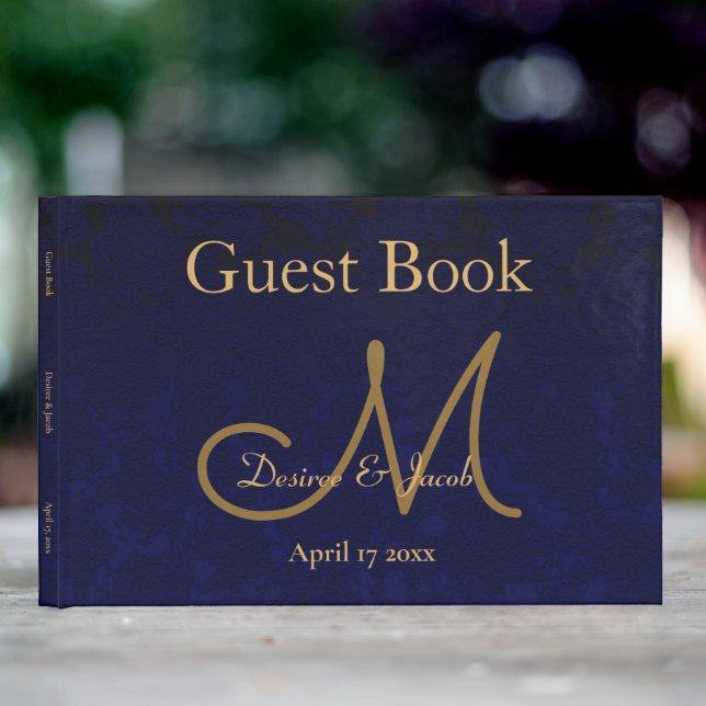 Elegant Dark Navy Blue Gold Wedding Monogram Guest Book (InSitu Outside)