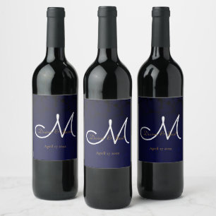 Elegant Dark Navy Blue Gold White Monogram Floral Wine Label