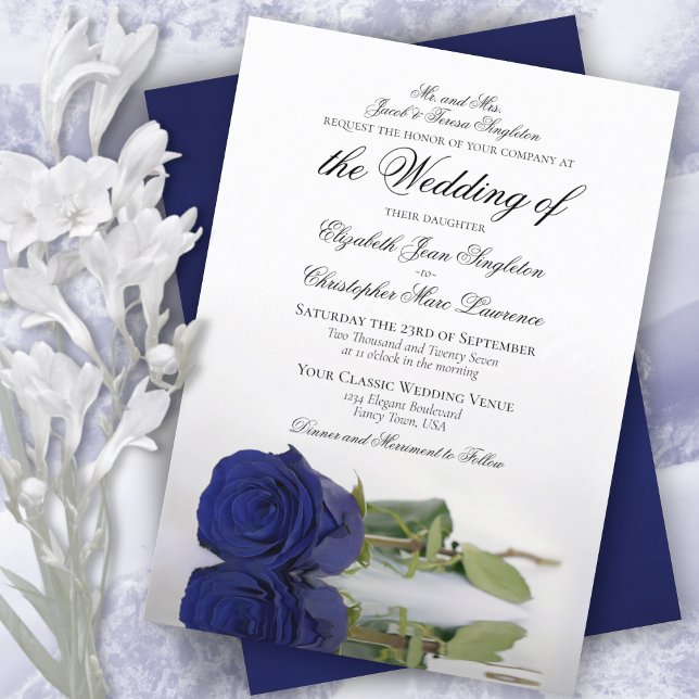 Elegant Dark Navy Blue Rose Formal Wedding Invitation (Creator Uploaded)