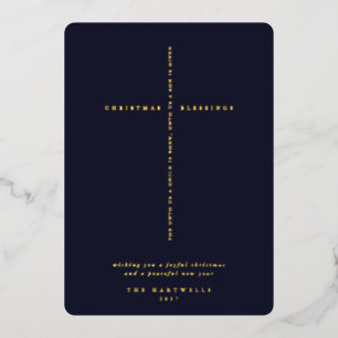 Elegant Dark Navy Blue Scripture Cross Foil Holiday Card