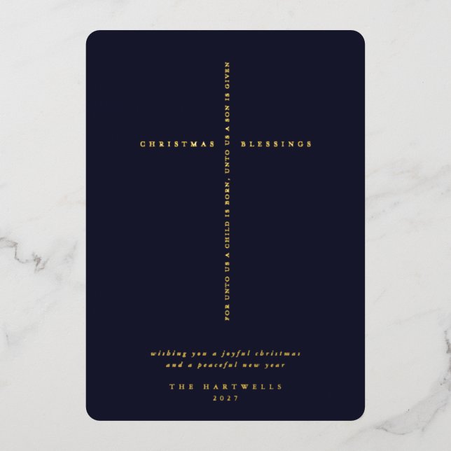 Elegant Dark Navy Blue Scripture Cross Foil Holiday Card (Front)