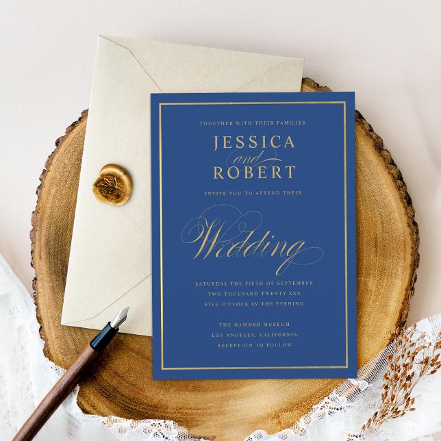 Elegant Dark Navy Faux Gold Border Wedding Invitation (Creator Uploaded)