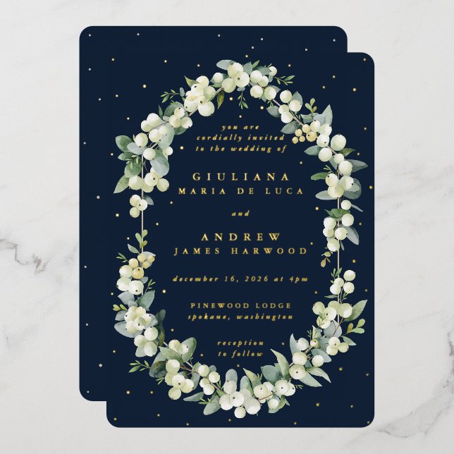 Elegant Dark Navy Snowberry+Eucalyptus Wedding (Front/Back)