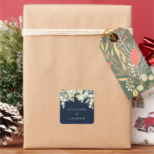 Elegant Dark Navy Snowberry+Eucalyptus Wedding Square Sticker