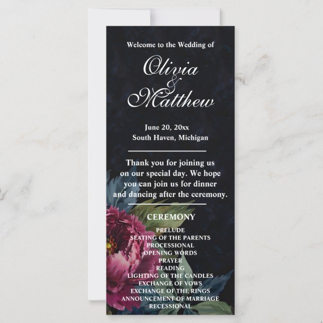 Elegant dark pink floral black Wedding program (Front)