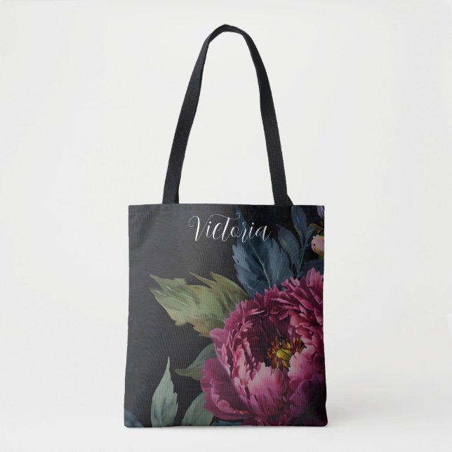 Elegant dark pink floral watercolor personalise tote bag (Front)
