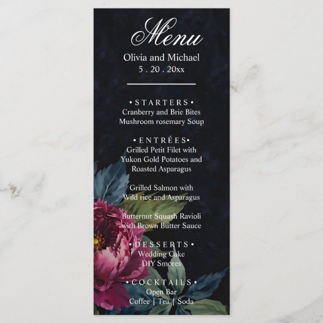 Elegant dark pink floral Wedding menu (Front)