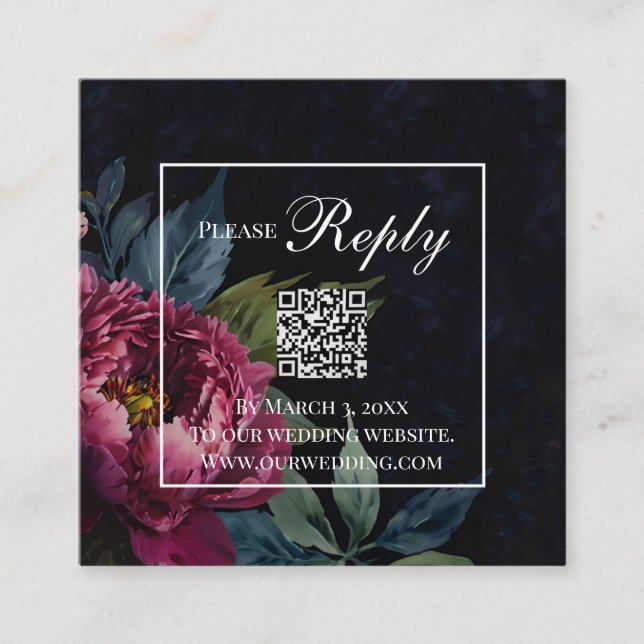 Elegant dark pink floral Wedding QR code RSVP  Enclosure Card (Front)
