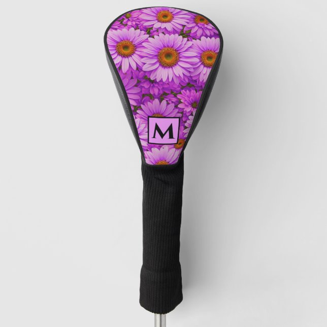 Elegant dark pink magenta floral daisies golf head cover (Front)