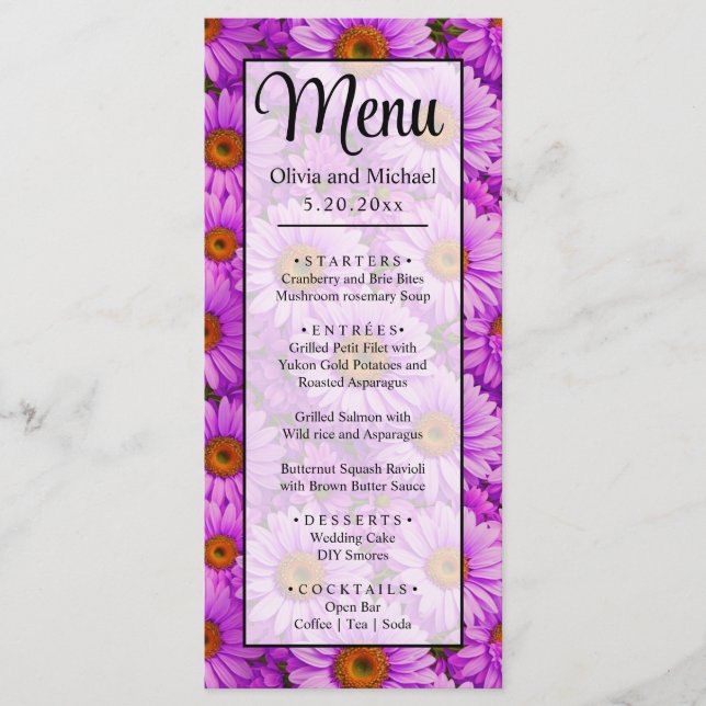 Elegant dark pink magenta floral daisies menu (Front)