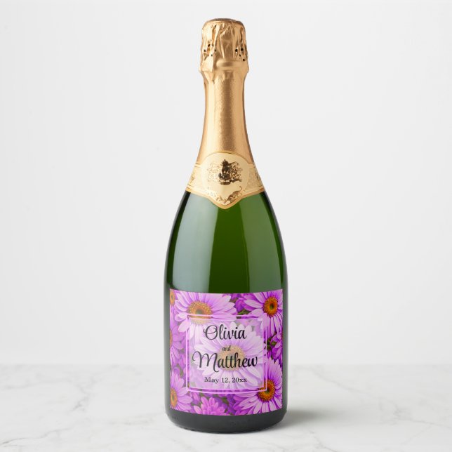 Elegant dark pink magenta floral daisies sparkling wine label (Front)