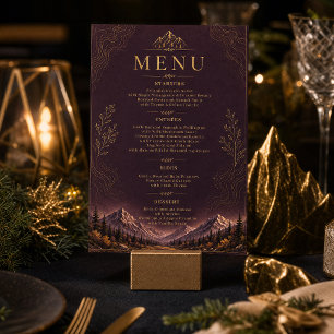 Elegant Dark Plum Mountain Gold Wedding Menu  Invitation