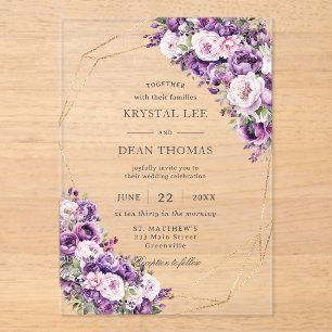 Elegant Dark Purple and Blush Pink Floral Wedding Acrylic Invitations
