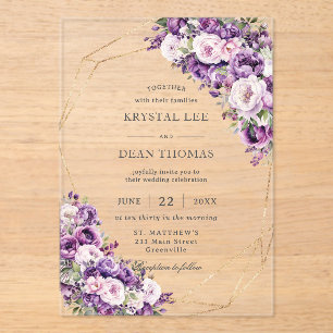 Elegant Dark Purple and Blush Pink Floral Wedding Acrylic Invitations