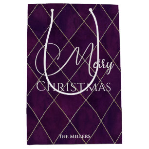 Elegant Dark Purple Argyle Pattern Merry Christmas Medium Gift Bag
