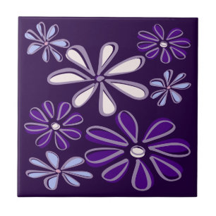 Elegant Dark Purple Blue Flower Doodle Ceramic Tile