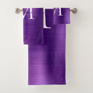 Elegant Dark Purple Brushed Metal Monogram Script Bath Towel Set