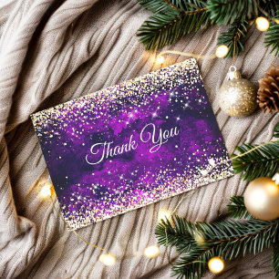 Elegant dark purple gold faux glitter monogram thank you card