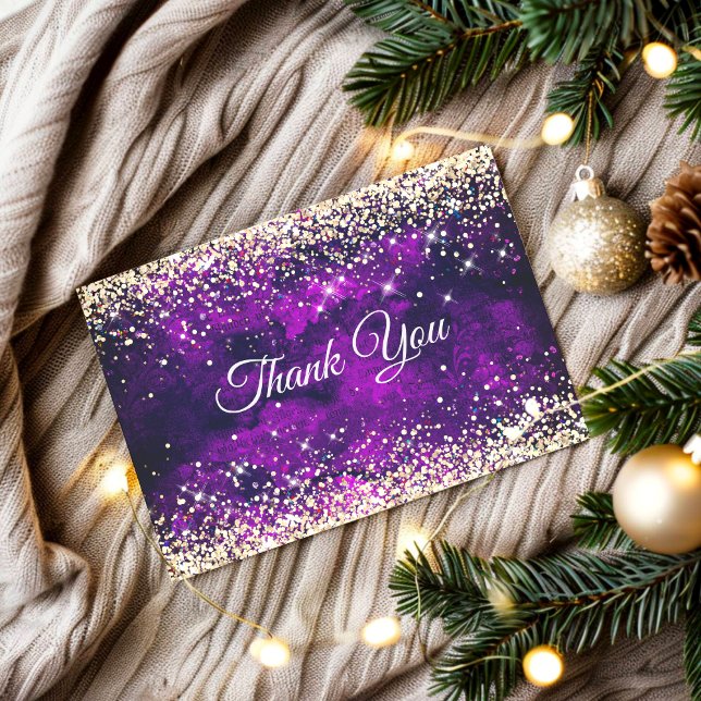 Elegant dark purple gold faux glitter monogram thank you card (Creator Uploaded)