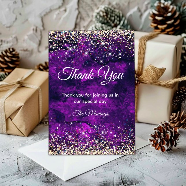 Elegant dark purple gold faux glitter thank you card (Creator Uploaded)